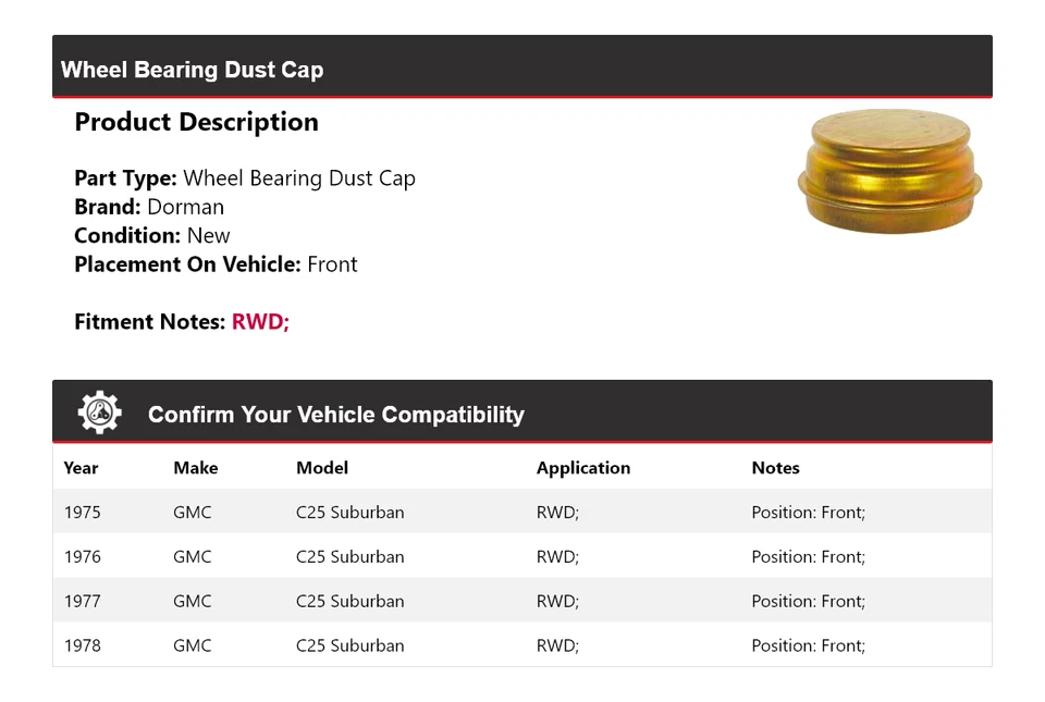 For 1975-1978 GMC C25 Suburban RWD Dorman Wheel Bearing Dust Cap Front 1976 1977 - Image 2 of 4