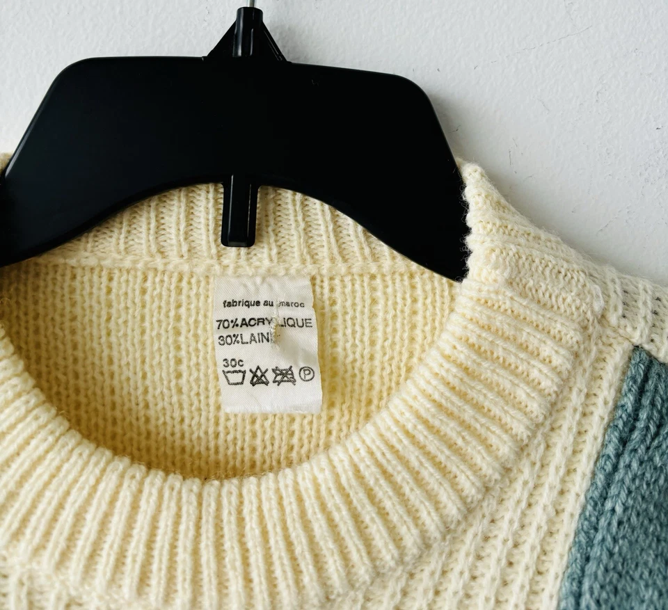 Men’s 90s Vintage Cable Knit Sweater Ivory Pink Blue Wool Blend Grandpa Medium - Image 4 of 4