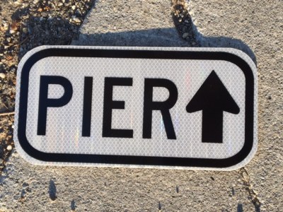 PIER road sign 12''x6''- UNUSED DOT specs - traffic route highway fishing ocean