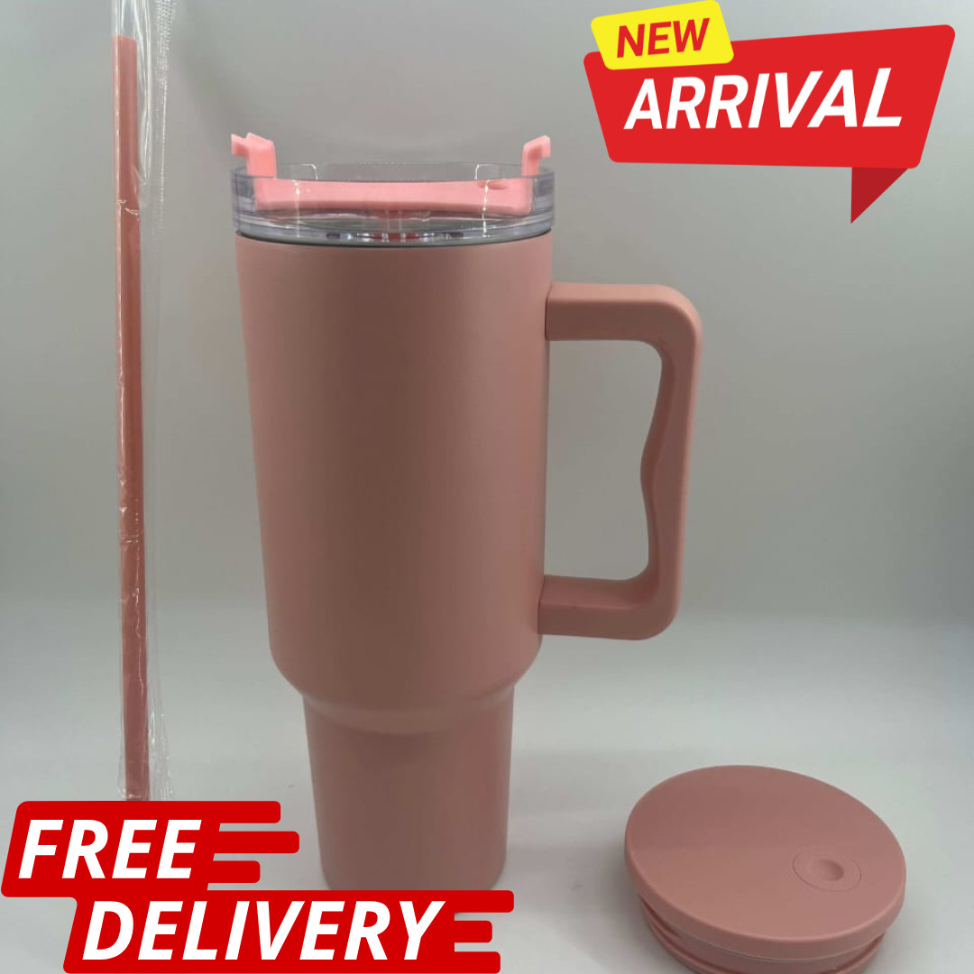 40oz Pink Insulated Tumbler w/ Straw & Extra Lid - Stainless Steel Travel Mug