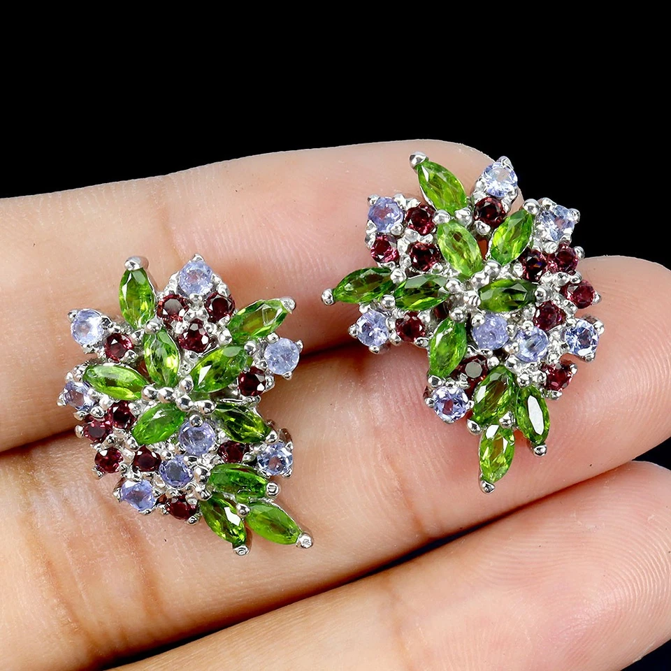 Pendientes de plata de ley 925 marquesa cromo diopsido tanzanita piedras preciosas joyería Foto 2 de 4