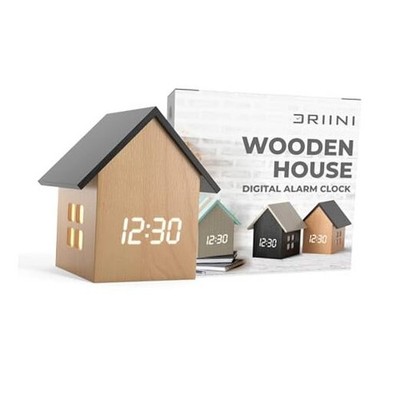  Digital House-Shaped Alarm Clock with Temperature Small Light Wood; Black Roof