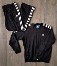 Y2K Adidas Men's Track Suit Set - Black with White Stripes Size L Blue Tag