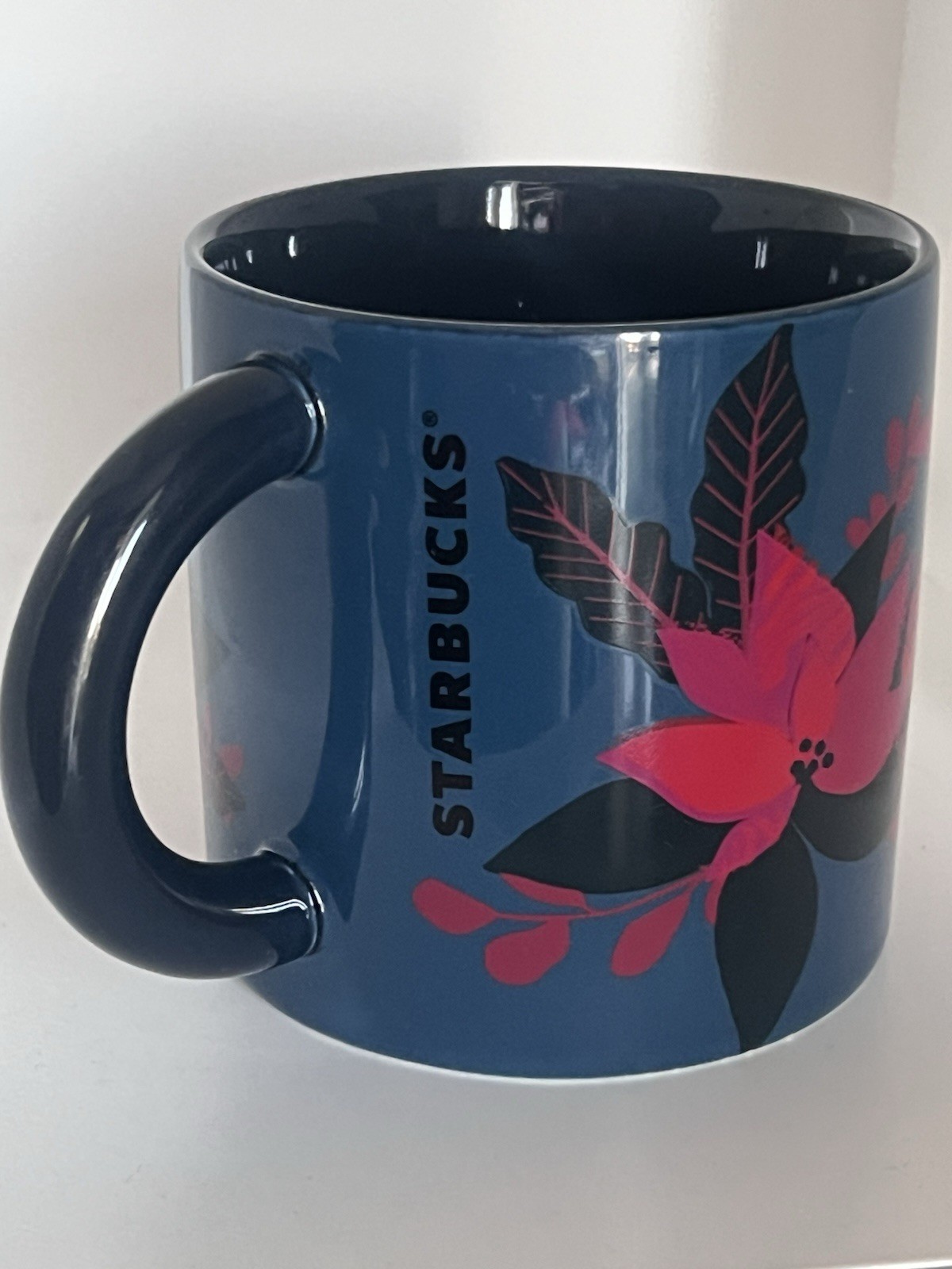 Starbucks Christmas Holiday 2021 Navy Blue Pink Poinsettia Coffee Mug 12oz