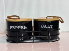 NEW Salt & Pepper Cellars Black White Farmhouse Bamboo Lid Jar Canister Rack Set