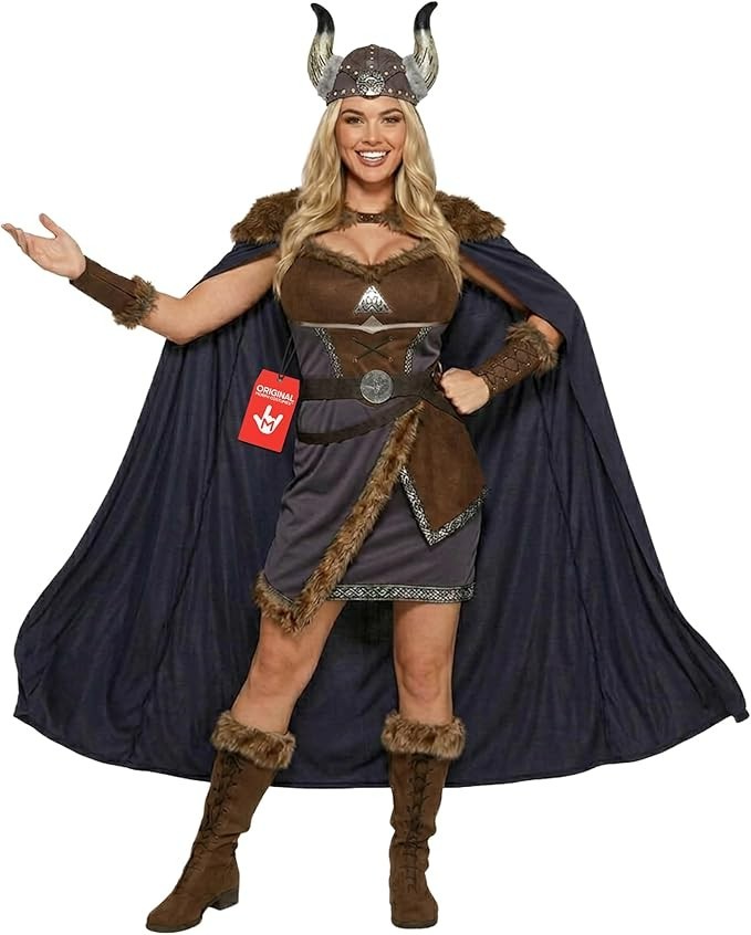 Morph Mujer Disfraz Vikingo Doncella Nórdica Guerrero Bárbaro Vestido + Casco Capa