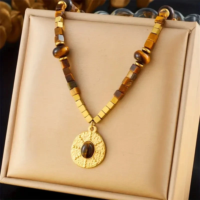 Collier pendentif double pointe en pierre naturelle, oeil de tigre