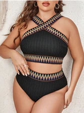 2XL Swim Lushoire Summer Beach Plus Size Chevron Print Crisscross Bikini Set