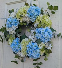 Blue Green Hydrangea Wreath, Spring Summer Floral Door Decor, Grapevine Base