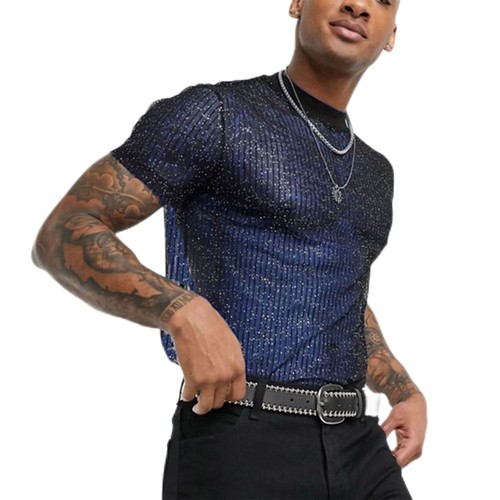 Men s Mesh Fitted T-shirt See Through Muscle Top Shiny Short-sleeve T-shirt Gift - Picture 6 of 12