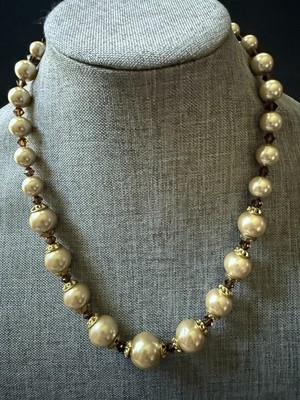Vintage Faux Pearl Crystal Necklace Beige Brown 21  Cocktail Long Retro Wedding