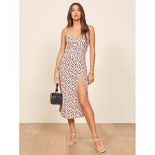 Reformation Crimini Rose Floral Midi Dress Cream Red Slit V-Neck Size 0