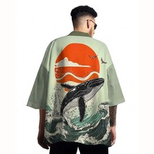 Niepce Men's Japanese Graphic Lightweight Green Whale Kimono Cardigan Shirt Top