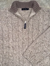 James Pringle Scotland Sweater Mens Med Brown Wool Blend 1/4 Zip Cable Knit EUC