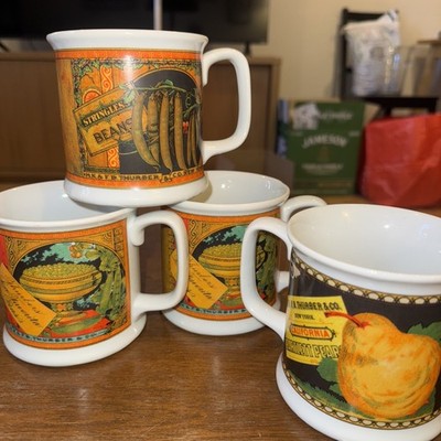 Mann Fine China Coffee Mugs Set Of 4 - Pear, String Beans, Grapes - Advertising