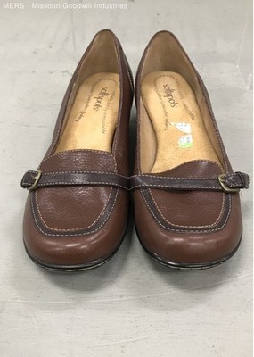 Softspots Brown Leather Low Wedge Buckle Slip On Shoes Women's Size 10