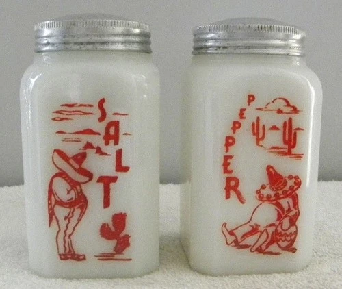 Vintage Pair Siesta Sombrero Milk Glass, Red Graphics Salt & Pepper Shakers Set