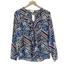 NWT Laundry by Shelli Segal Long Sleeve Ruffle Front Printed Blouse Blue White 2