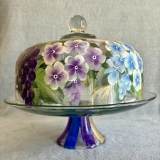 Crafted Creations Convertible Cake Dome Punch Bowl Glass Hand Painted Floral VTG