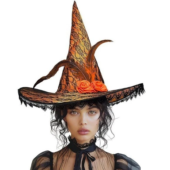 Halloween Púrpura Encaje Bruja Sombrero con Pluma y Rosa Mujer Bruja Disfraz Acceso Foto 2 de 3