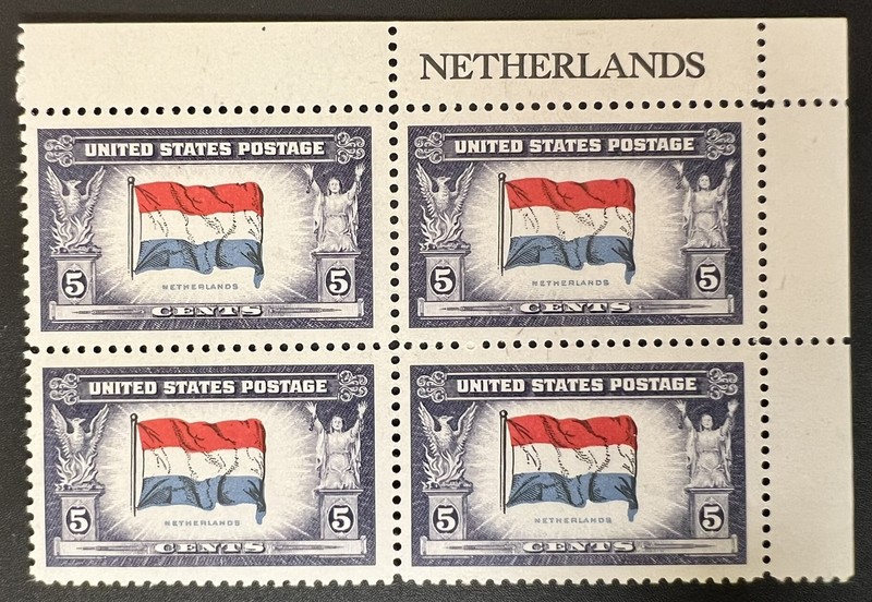 US Name Block of Four 1943 Overrun Countries Netherlands Flag MNH Scott 913 5c 