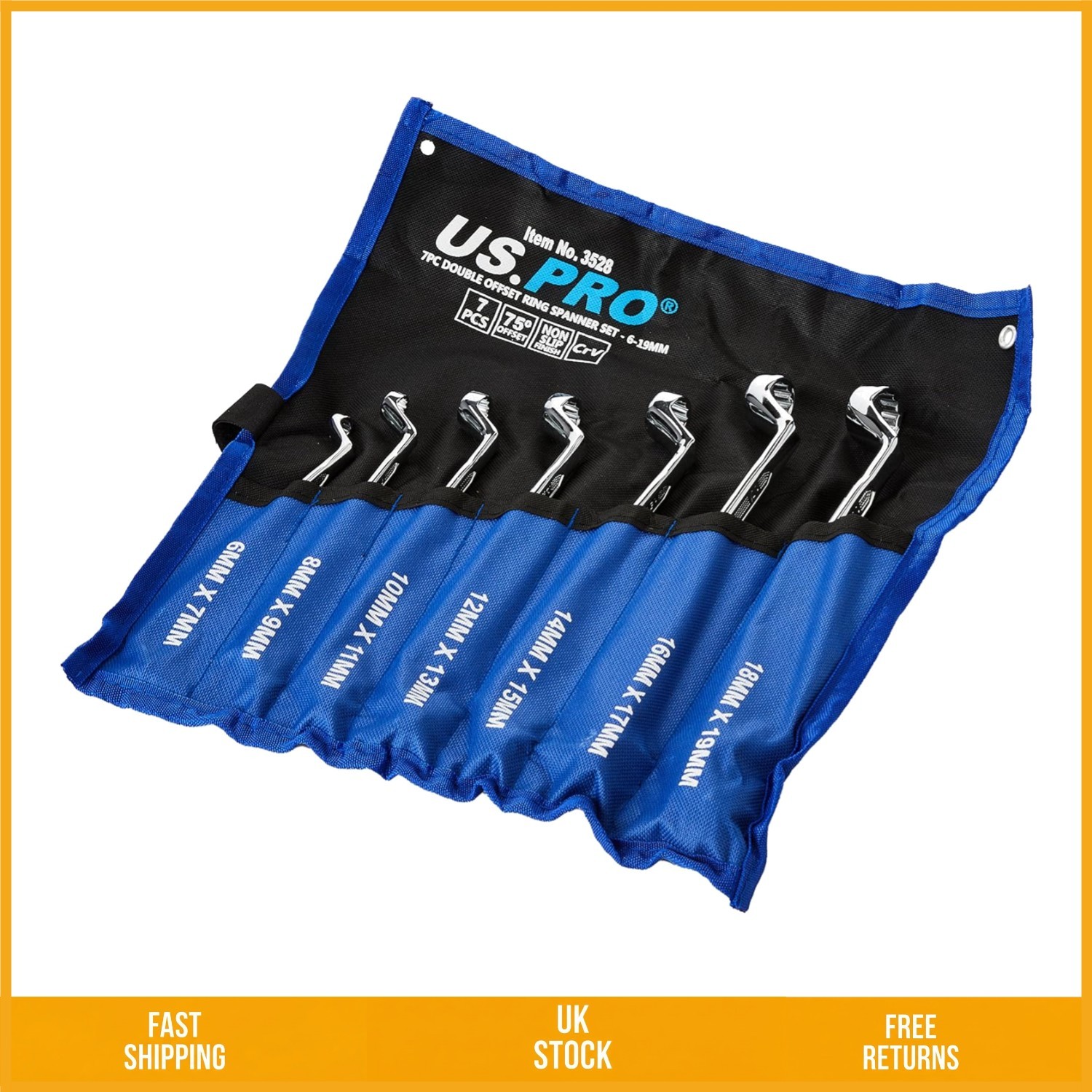 Polished Swan Neck Offset Double Hex Spanner Wrench Tool Set 6-19mm 7pc Pack