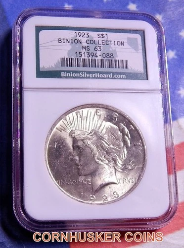 1923 BINION HOARD COLLECTION PEACE SILVER DOLLAR MS 63 ~ BRIGHT COIN 👀