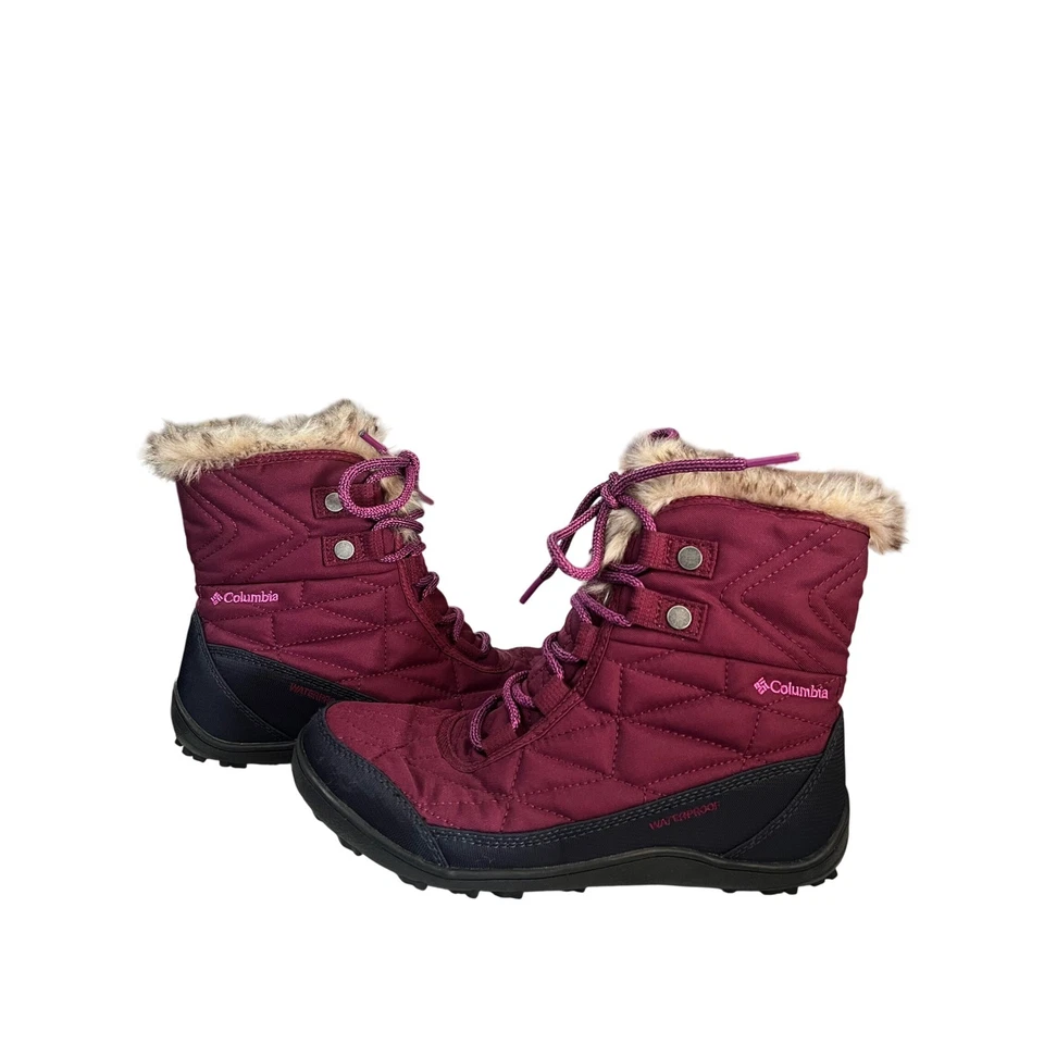 Columbia 防水冬季雪地靴勃艮第人造毛皮衬里儿童 6 码 — 第 3/4 张图片