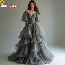 Gray Victorian Evening Dresses V-Neck Short Sleeves Layered Ruffled Party Gowns