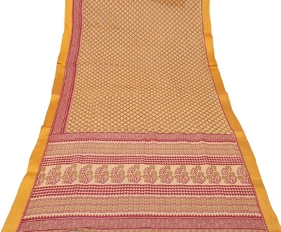 Sushila Vintage Senf Sari 100 % reine Baumwolle bedruckt Blumen 5 Jahre Handa... - Bild 1 von 4