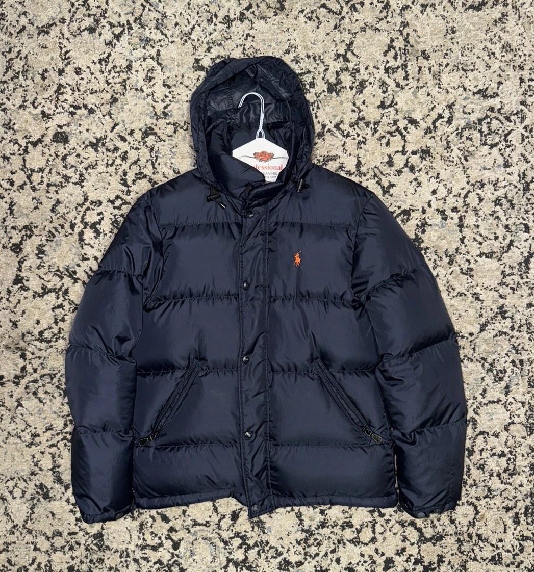 Polo Ralph Lauren Jacket Men Small Blue Down Full Zip Snap Hooded VTG