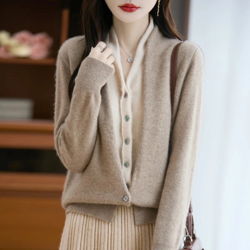 Otoño Nuevo Cárdigan 100% Lana Para Mujer Mangas Largas Tejido Cálido Lana Suelto Prendas para el torso Foto 2 de 4