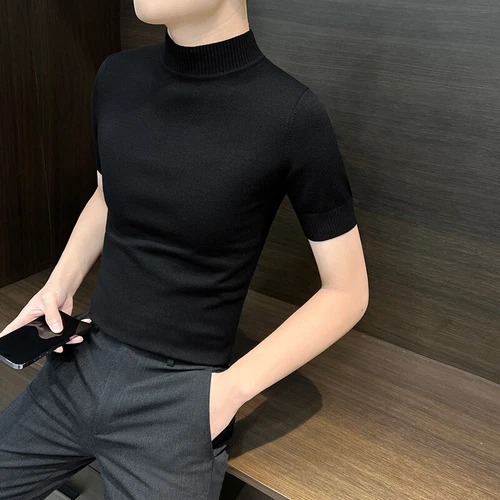 Half Turtle Neck Men Base Shirt Spring New Short-sleeved Sweater Knitted T-shirt - Picture 30 of 32