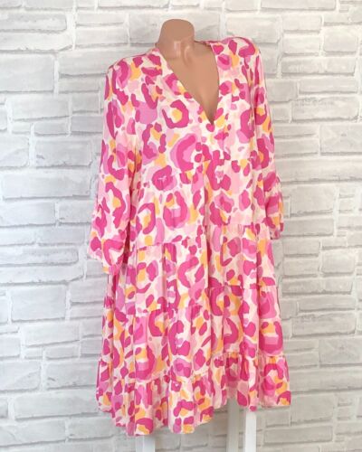 Italy Kleid Hängerchen Tunika V-Neck Volant Print IBIZA 42 44 46 Pink T822 NEU - Picture 1 of 2