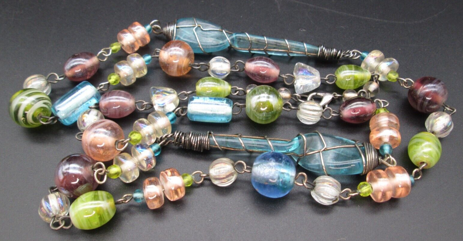 Lampwork Art Glass Bead Rainbow Necklace 36" Vint… - image 1