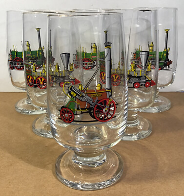 Crystal Set of 6 Steam Locomotive Painted Glasses Bohemian Czechosloviakia