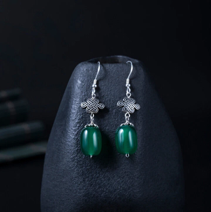 Miyuan Orecchini Pendenti Lunghi In Argento 925 Con Agata Verde - Eleganti E Vintage - Regalo Donna