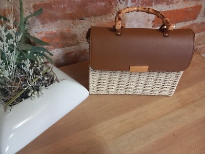 Rattan Handtasche Tasche mit Schulterriemen beige braun Bambus