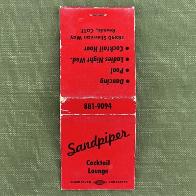 Vintage Matchbook Sandpiper Cocktail Lounge Reseda California Matches Unstruck