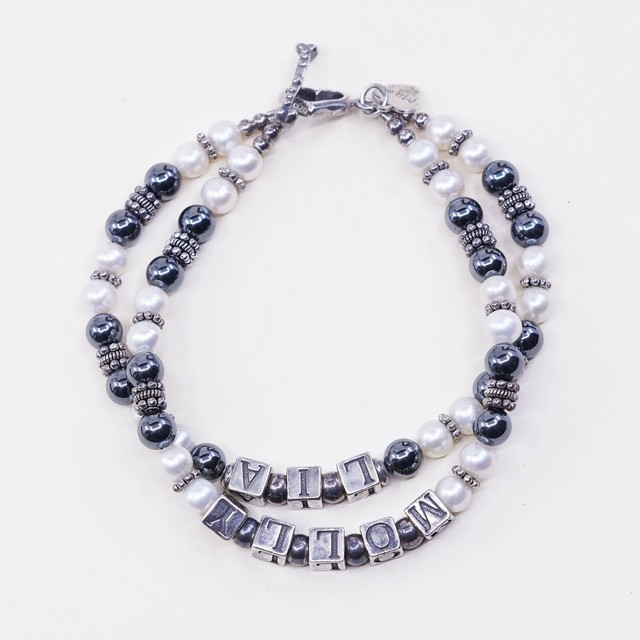 7.5”, MB sterling 926 silver bracelet, monogram hematite pearl chain