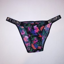 Victoria Secret Panty Bikini Black Multi Tropical Floral Shine Strap Logo Bling