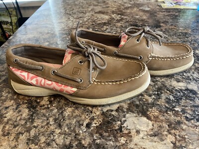 Sperry Top Sider Leather Boat Shoes Tan/Pink Cheetah Size Slip Ons Loafer  Used