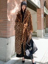 Lady Leopard Print Fur Long Loose Suit Collar Fur Coat Rabbit Fur Knee High Coat