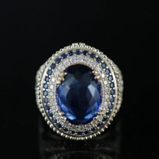 Women's Double Halo Cocktail Wedding Ring Oval Lab Created Sapphire 925 Silver