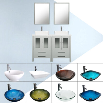48'' Bathroom Vanity Set Gray Cabinet Glass Ceramic Vessel Sink No Mirror