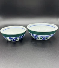 Vintage Pair Of GP Studio Bowls Blue Green Bow Flower Pattern Signed 1995/1996