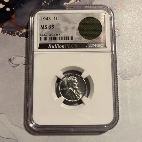 1943 Steel Lincoln Wheat Cent MS65 NGC WWII Bazooka Rocket Fragment Label