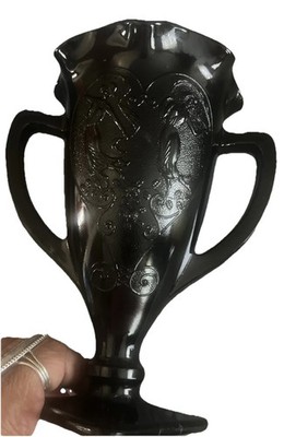 Vintage LE Smith 1930's Black Amethyst Glass Vase Dancing Nymphs Ruffled Edge 9 