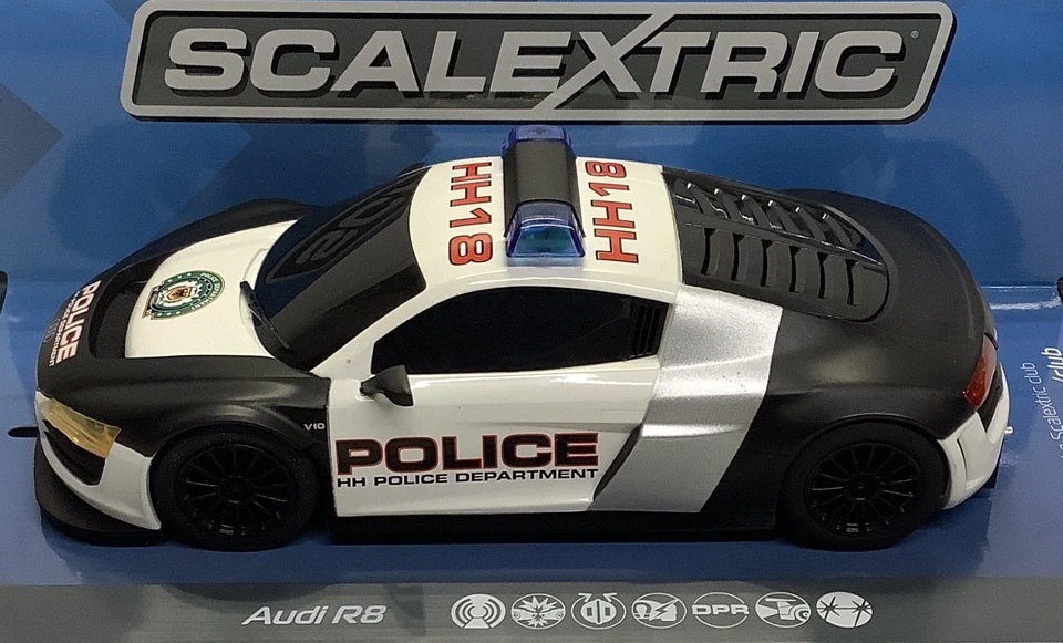 = Scalextric C3932 AUDI R8 POLICE CAR (BNIB) SIREN LIGHTS DPR 1.32 Slot Car - Image 2 of 4