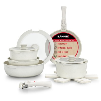Bakken 15-Piece Non-Stick Cookware Set with Detachable Handles   Granite Stac...
